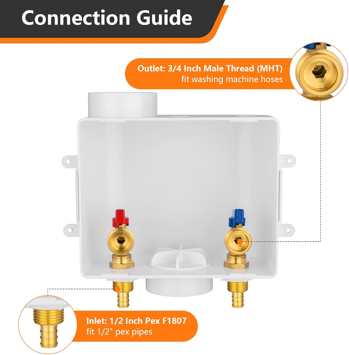 1-Pack HeSun Washing Machine Outlet Box, 1/2 Inch Crimp Pex Inlet x 3/4 Inch MHT Outlet Connection, Pex Washer Laundry Box with Center Drain