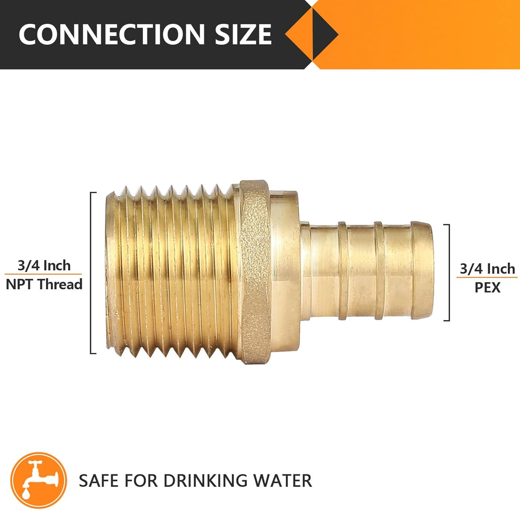 10-Pack HeSun PEX Fittings, 3/4" PEX x 3/4" Male NPT, 3/4 Inch Brass Crimp Male Adapter Fitting, ASTM F1807