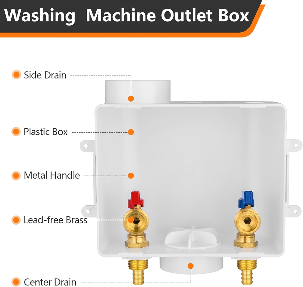 1-Pack HeSun Washing Machine Outlet Box, 1/2 Inch Crimp Pex Inlet x 3/4 Inch MHT Outlet Connection, Pex Washer Laundry Box with Center Drain