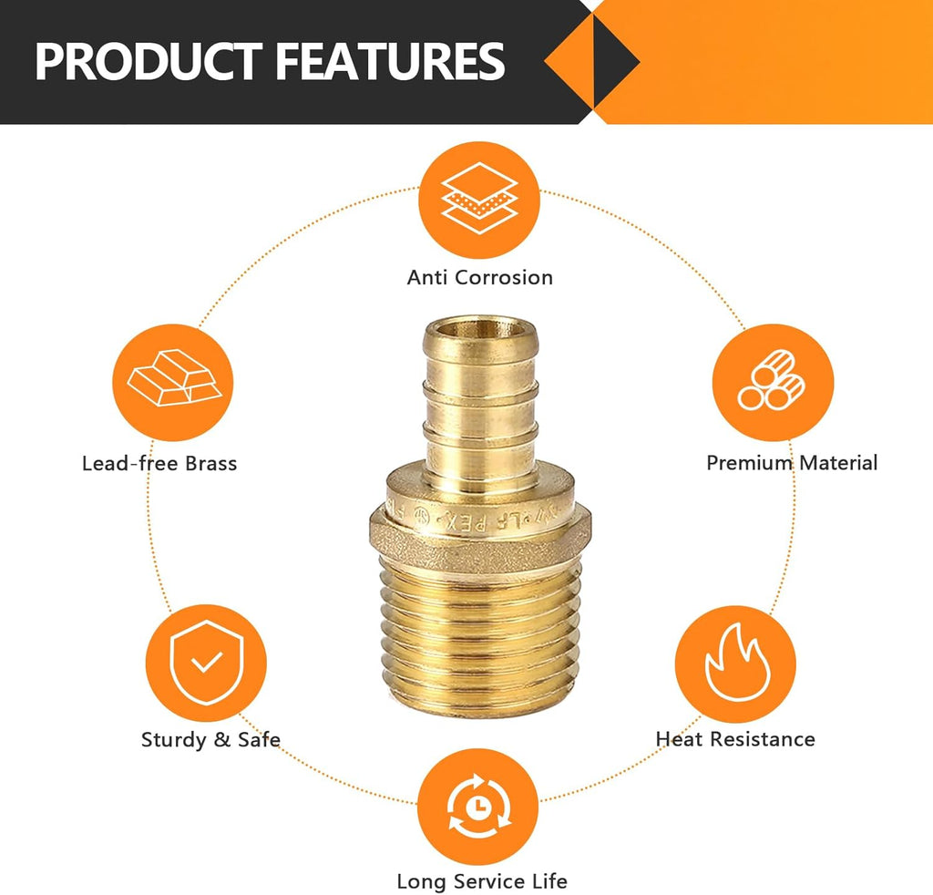 10-Pack HeSun PEX Fittings, 3/4" PEX x 3/4" Male NPT, 3/4 Inch Brass Crimp Male Adapter Fitting, ASTM F1807