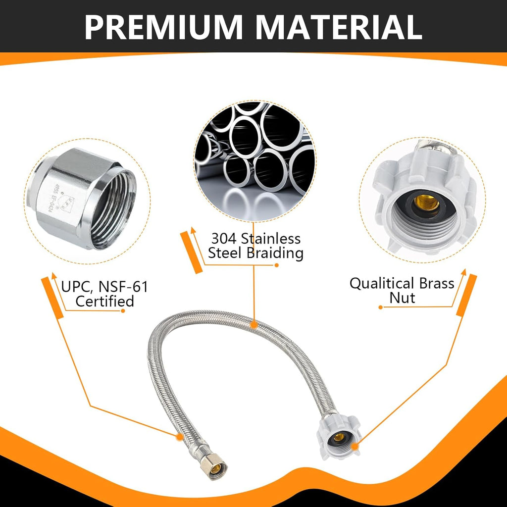 10-Pack 16-Inch Toilet Hose, 3/8" Comp x 7/8" Ballcock, Stainless Steel Toilet Connector Supply Line