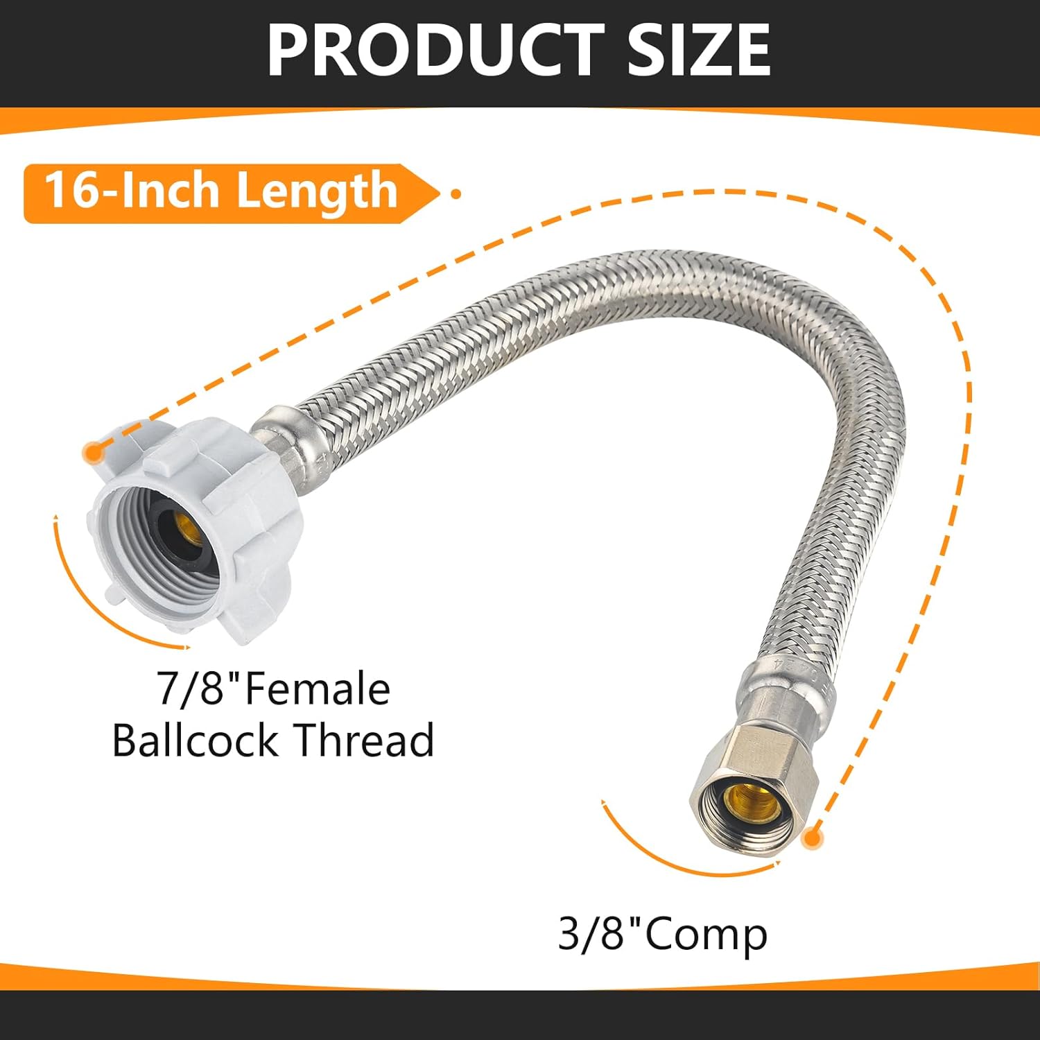 10-Pack 16-Inch Toilet Hose, 3/8" Comp x 7/8" Ballcock, Stainless Steel Toilet Connector Supply Line