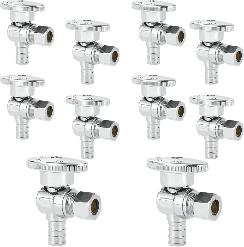 10-PCs HeSun Pex Angle Stop Valve, 1/2" Pex x 3/8" OD Compression Angle Stop, 1/4 Turn Shut Off Valve for Bathroom, ASTM F1807
