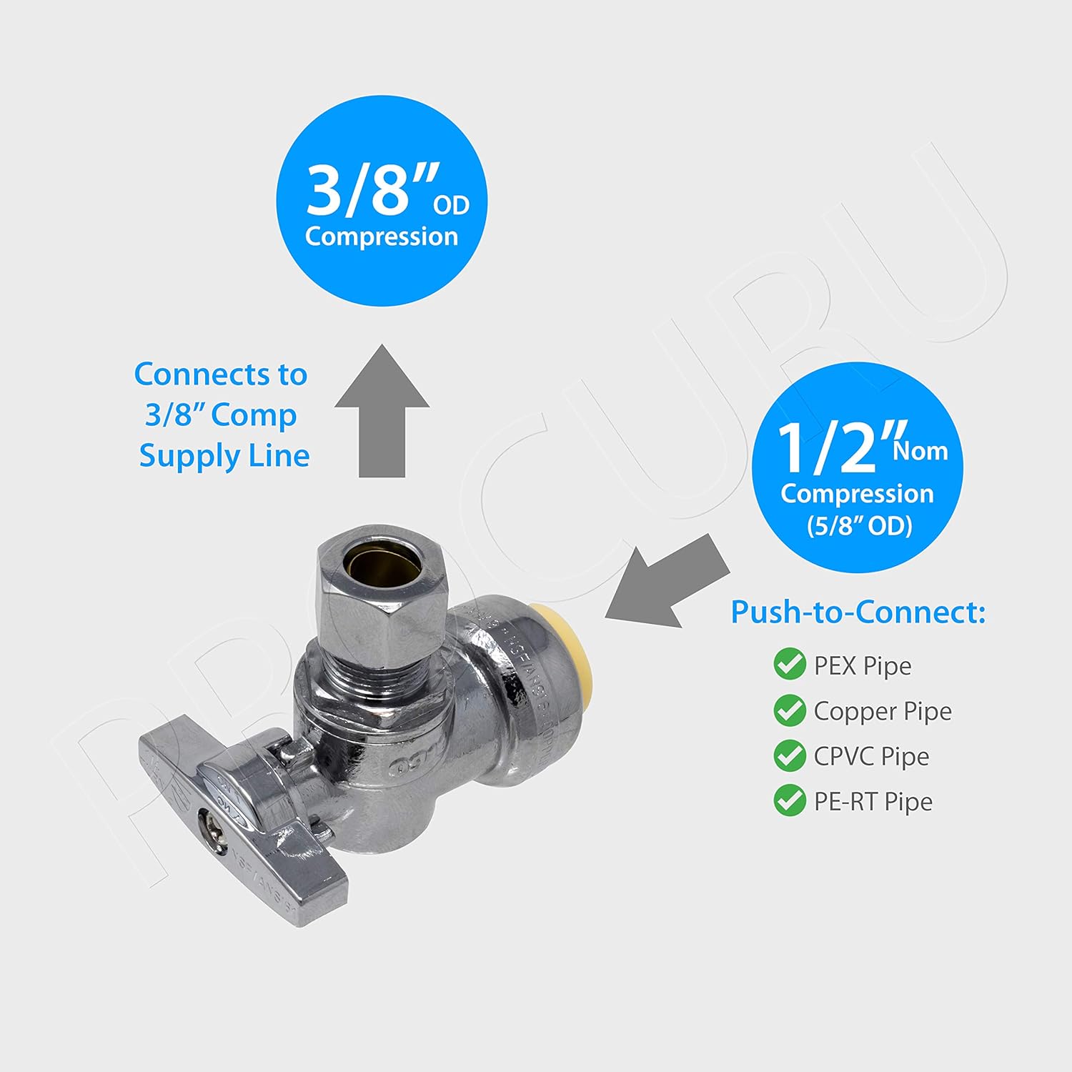 10PACK PushFit Angle Stop Valve 1/2" Push x 3/8" OD Comp, Quarter-Turn Push-to-Connect Brass Shutoff Valve for Copper, PEX, CPVC, PE-RT, HDPE Pipes, LF Certified Safe