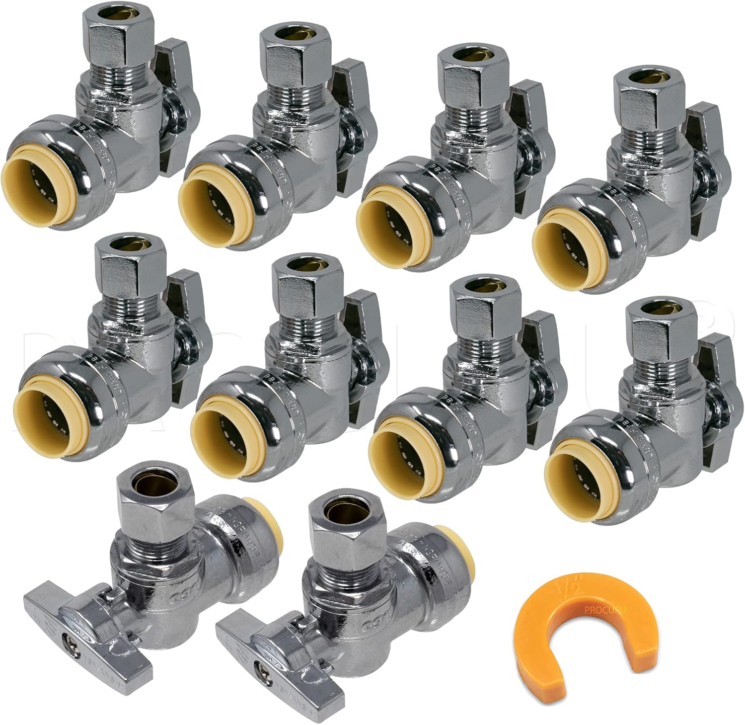 10PACK PushFit Angle Stop Valve 1/2" Push x 3/8" OD Comp, Quarter-Turn Push-to-Connect Brass Shutoff Valve for Copper, PEX, CPVC, PE-RT, HDPE Pipes, LF Certified Safe